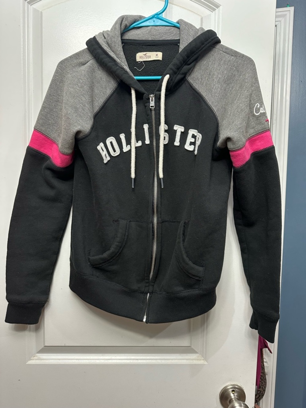 Hollister Black and Gray Zip Hoodie with Cream Drawstrings